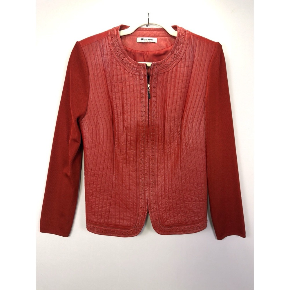 VTG Nygard Red Leather Front‎ Jacket Knit Back And Sleeves Check Measurements